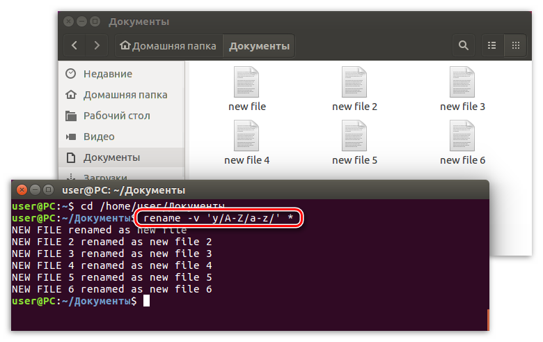 изменение регистра в имени файлов с помощью команды rename в терминале линукс