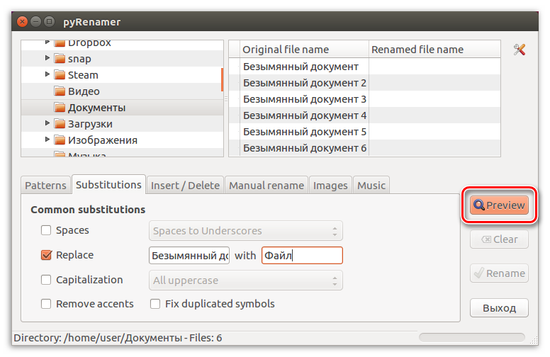 кнопка preview в программе pyrenamer в linux