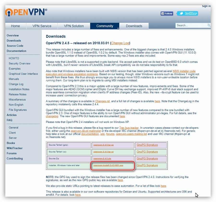 Загрузка программы OpenVPN с официального сайта разработчиков